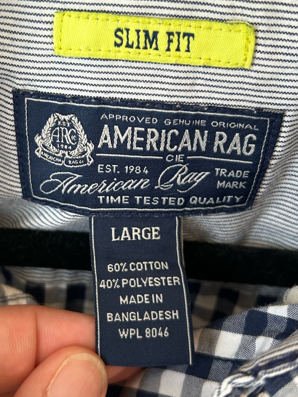 American Rag Slim Fit Navy Gingham Button Down Shirt Men’s L 16 inch neck - Picture 4 of 12